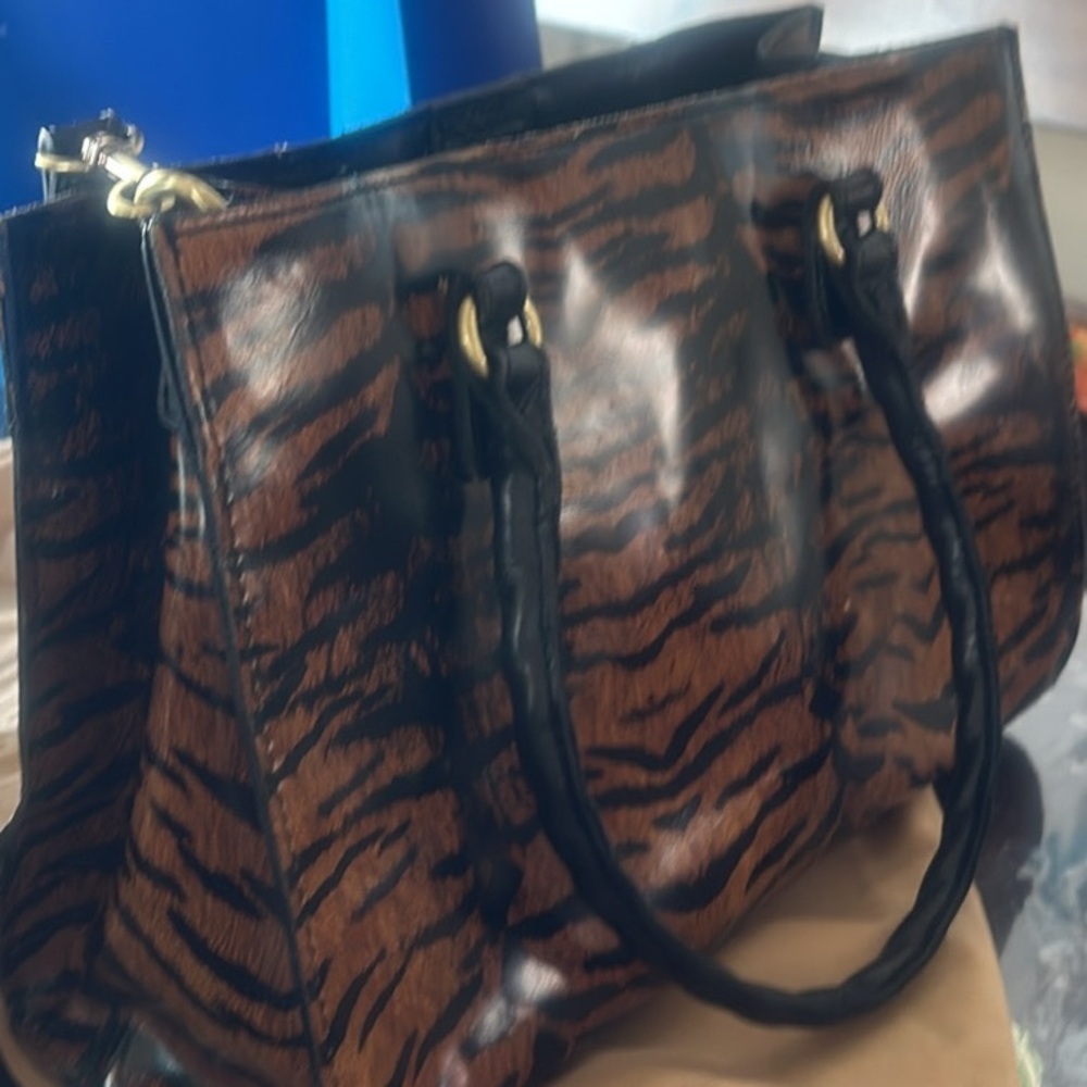 Brown and Black Animal Print Tote Bag with Structured Shape and Zipper Closure